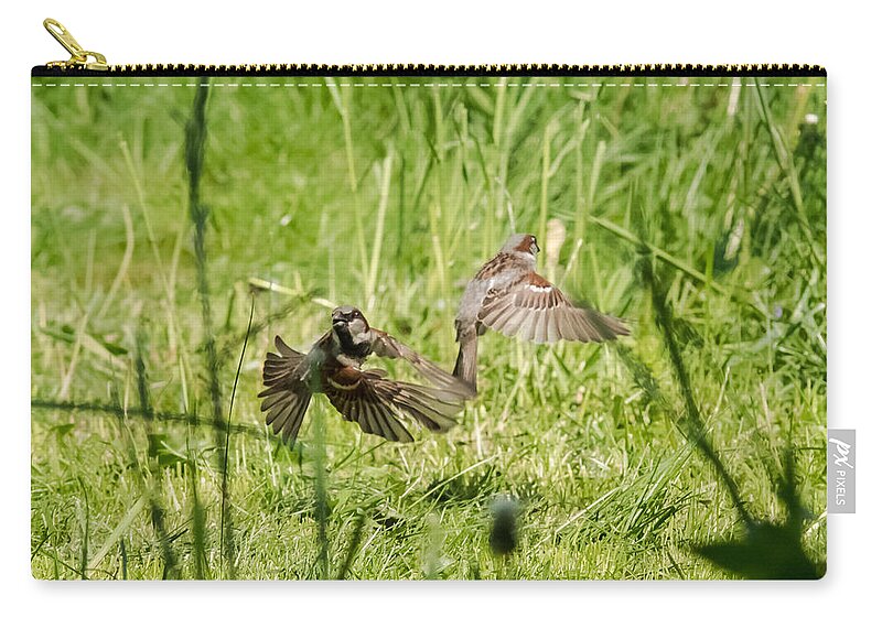 House Sparrows Carry-all Pouch featuring the photograph House Sparrows in Flight by Holden The Moment