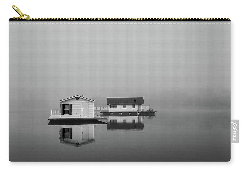 B&w Zip Pouch featuring the photograph Houseboats In the Fog by Ron Vollentine
