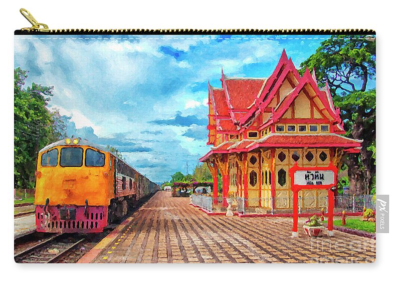 Digital Zip Pouch featuring the photograph Hua Hin Train Station Digital Painting by Antony McAulay