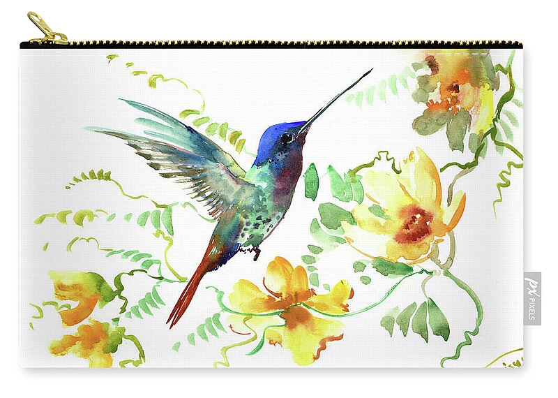 Hummingbird Zip Pouch featuring the painting Hummibgbird and Yellow Flowers by Suren Nersisyan