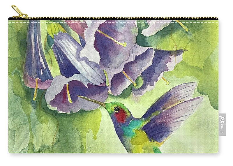 Hummingbird Zip Pouch featuring the painting Hummingbird and Trumpets by Hilda Vandergriff