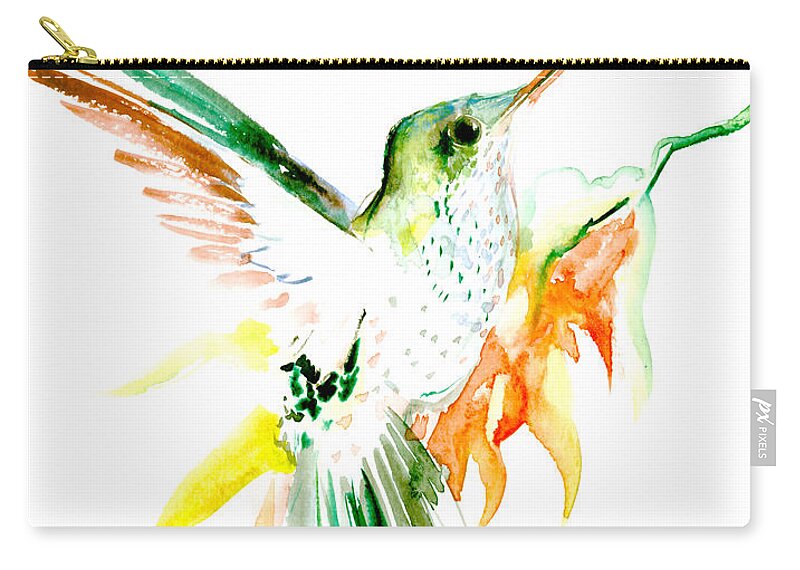 Green Red Zip Pouch featuring the painting Hummingbird Green orange red by Suren Nersisyan