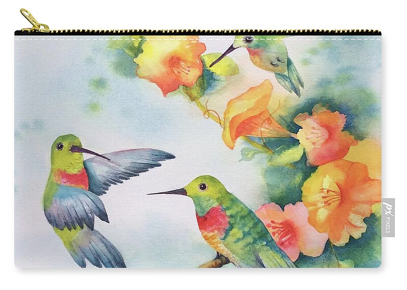 Hummingbirds Zip Pouch featuring the painting Hummingbirds with Orange Flowers by Hilda Vandergriff
