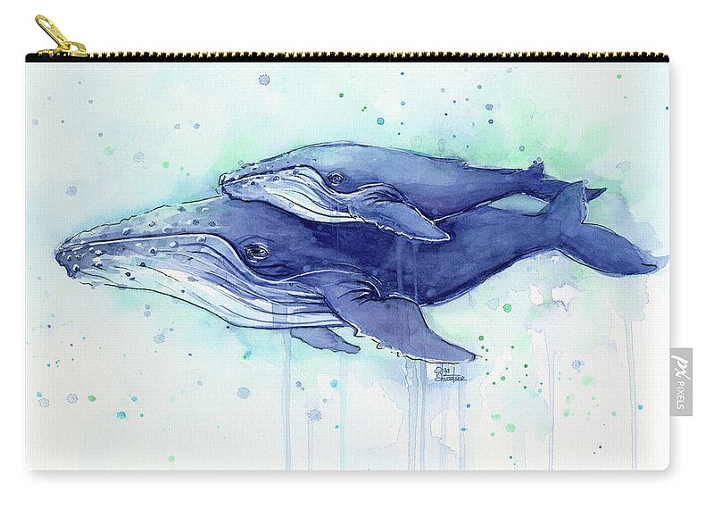 Whale Zip Pouch featuring the painting Humpback Whale Mom and Baby Watercolor by Olga Shvartsur
