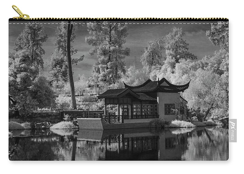 Garden Zip Pouch featuring the photograph Huntington Chinese Botanical Garden in California with Koi Fish in Black and White Infrared by Randall Nyhof