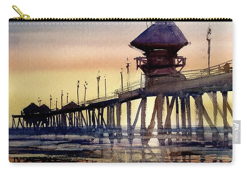 Huntington Beach Zip Pouch featuring the painting Huntington Pier by Sandra Strohschein