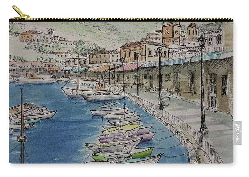 Harbor Zip Pouch featuring the painting Hydra Clock Tower by Vic Delnore