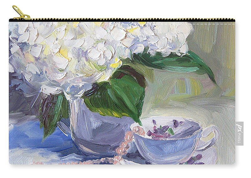Art Print Zip Pouch featuring the painting Hydrangeas with Pearls by Jennifer Beaudet