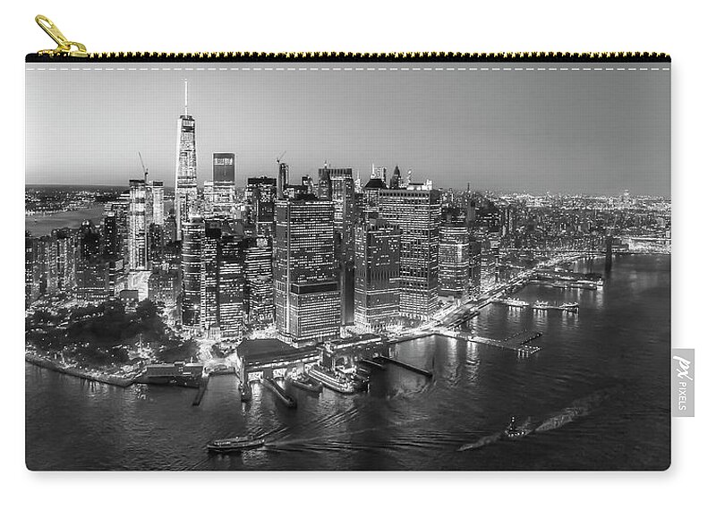 Aerial View Carry-all Pouch featuring the photograph Illuminated Lower Manhattan NYC BW by Susan Candelario