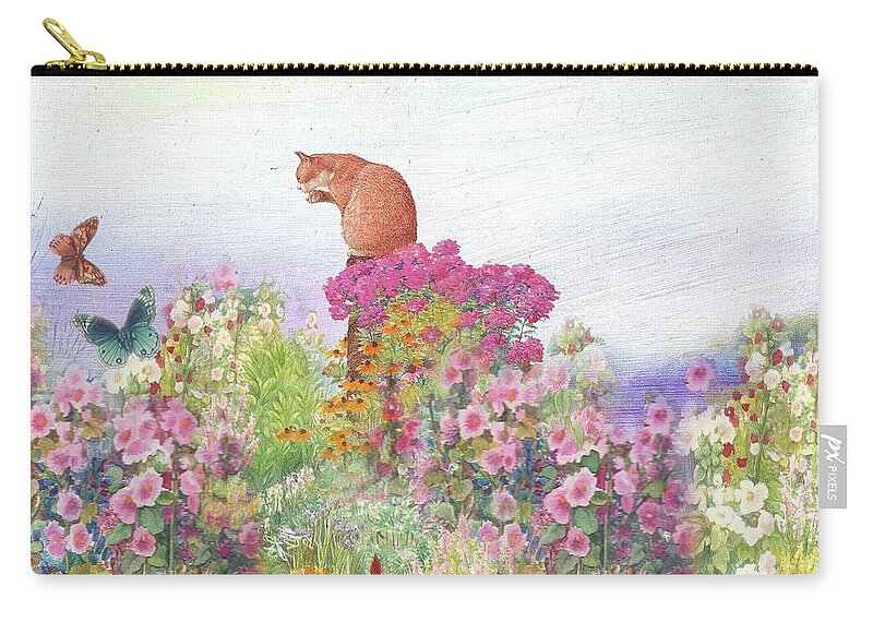 Illustrated Garden Zip Pouch featuring the painting Illustrated Cat in Garden by Judith Cheng