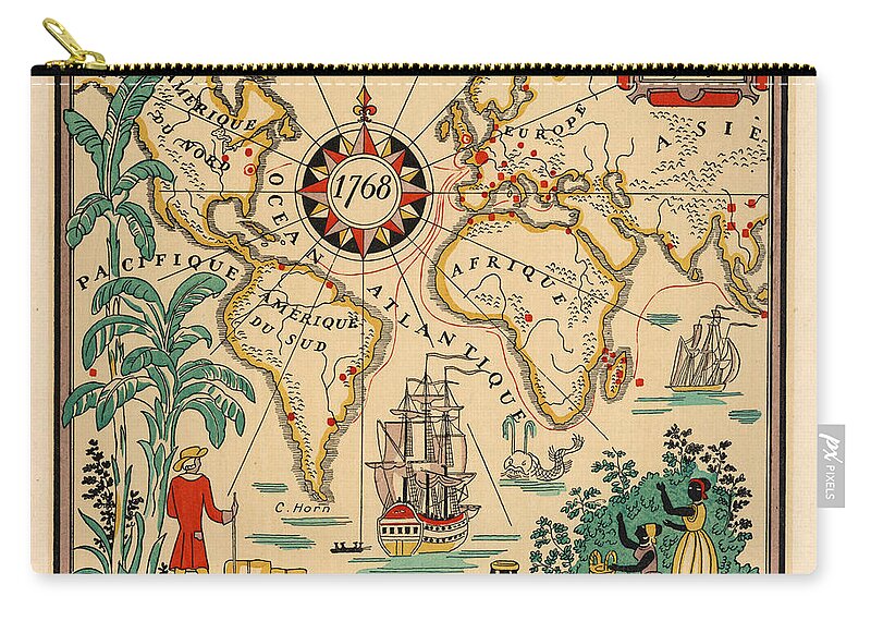Illustrated Map Of The World Zip Pouch featuring the drawing Illustrated Map of the World, 1768 - Pictorial Map - Historic Map - Old Atlas by Studio Grafiikka