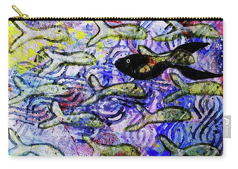 Fish Zip Pouch featuring the mixed media I'm The Black Fish Of The Family by Mimulux Patricia No