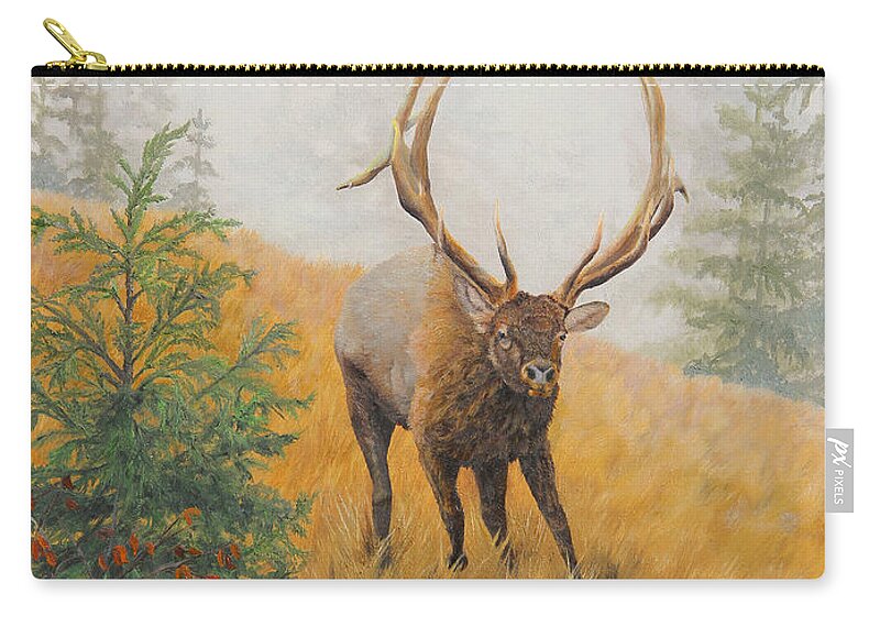North American Wildlife Zip Pouch featuring the painting In Pursuit - Elk by Johanna Lerwick