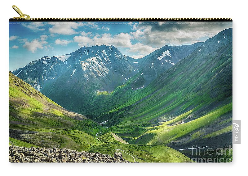 Mountain Zip Pouch featuring the photograph In the Valley of Crow Pass by Heather Hubbard