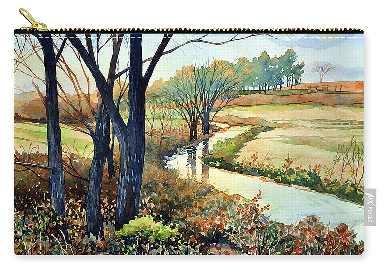 #watercolor #nature #landscape #stream #river #wild #green #sunset #art #painting Zip Pouch featuring the painting In the Wilds by Mick Williams