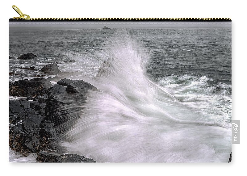 Incoming Ocean Surge At Quoddy Head State Park Zip Pouch featuring the photograph Incoming Ocean Surge At Quoddy Head State Park by Marty Saccone