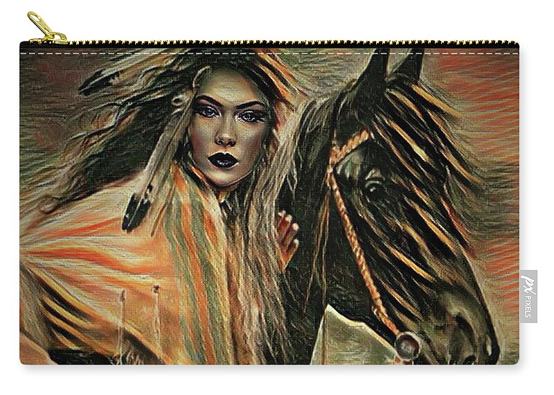 Native American Woman On Horseback Zip Pouch featuring the digital art American Indian on Horse by Kathy Kelly