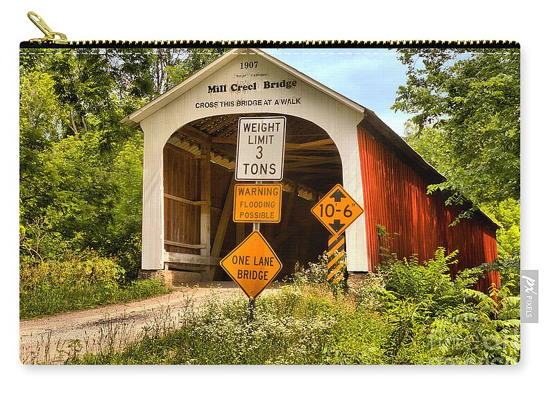 Mill Creek Covered Bridge Zip Pouch featuring the photograph Indiana Mill Creek Covered Bridge by Adam Jewell