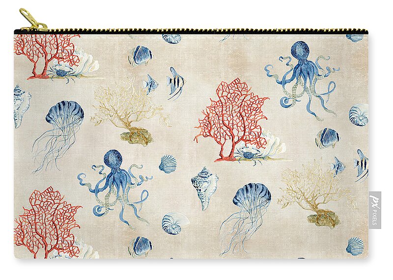 Octopus Carry-all Pouch featuring the painting Indigo Ocean - Red Coral Octopus Half Drop Pattern by Audrey Jeanne Roberts
