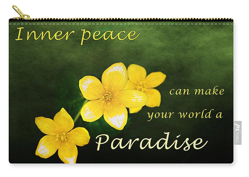 Yellow Spring Flowers Zip Pouch featuring the photograph Inspirational Print, Yellow Spring Flower, Inner Peace can make your world a paradise, by Gwen Gibson