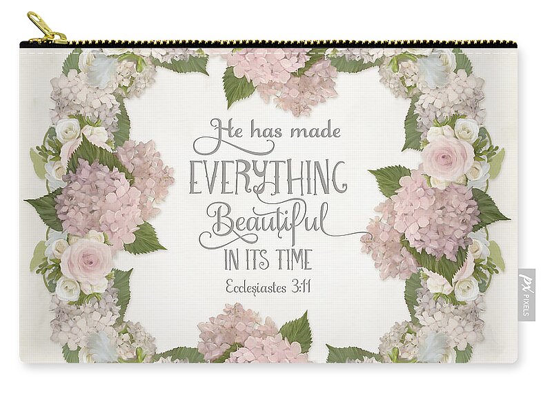 Pink Hydrangeas Carry-all Pouch featuring the painting Inspirational Scripture - Everything Beautiful Pink Hydrangeas and Roses by Audrey Jeanne Roberts