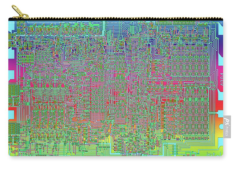 Intel Carry-all Pouch featuring the digital art Intel 4004 CPU 4 bit Central Processing Unit CPU Computer Chip Integrated Circuit Mask, Abstract 5 by Kathy Anselmo