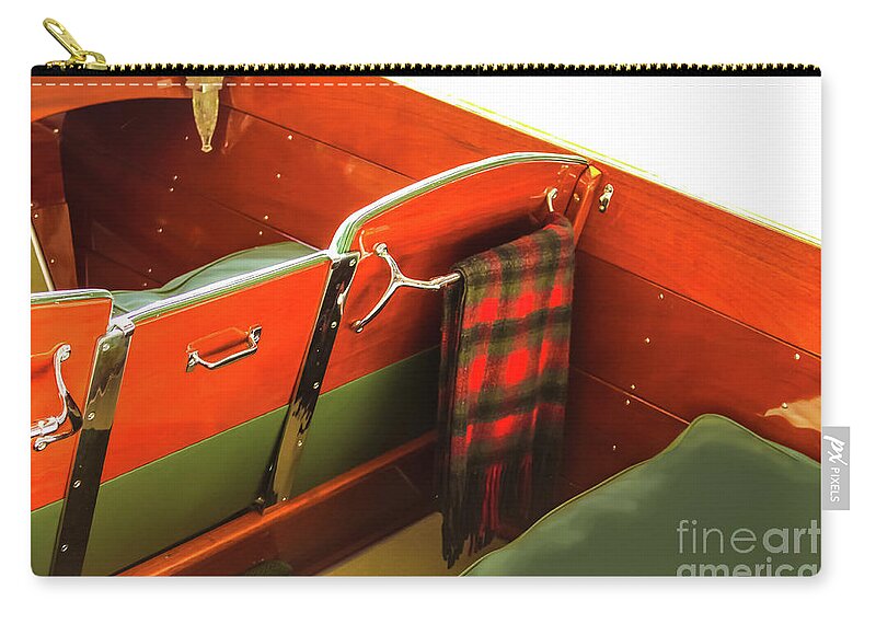 Blanket Zip Pouch featuring the photograph interior of Classic Wooden Motorboat by Susan Vineyard