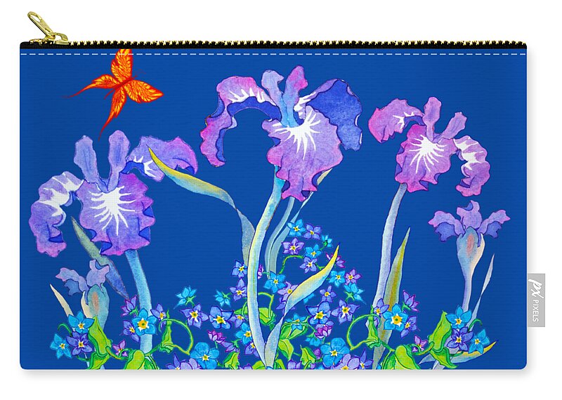 Iris Bouquet With Forget Me Nots Zip Pouch featuring the painting Iris Bouquet with Forget me Nots by Teresa Ascone