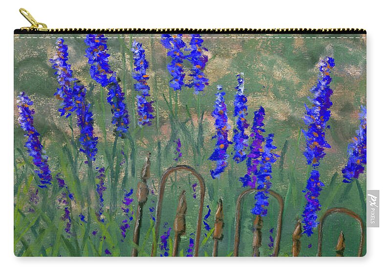 Delphiniums Zip Pouch featuring the pastel Iron Fence and Delphiniums by Ginny Neece