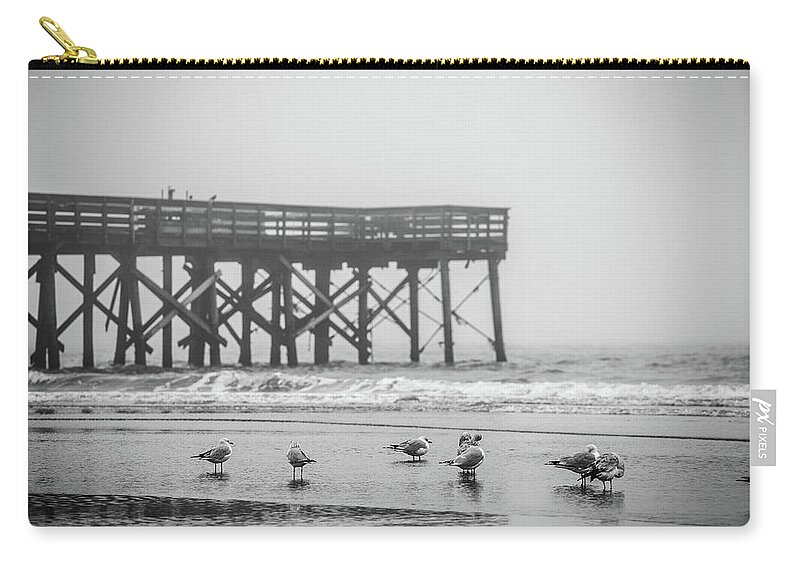Isle Of Palms Zip Pouch featuring the photograph Isle of Palms Pier and Fog by Donnie Whitaker