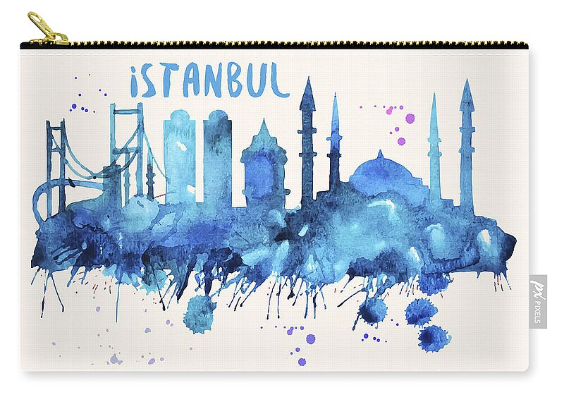 Istanbul Zip Pouch featuring the painting Istanbul Skyline Watercolor Poster - Cityscape Painting Artwork by Beautify My Walls