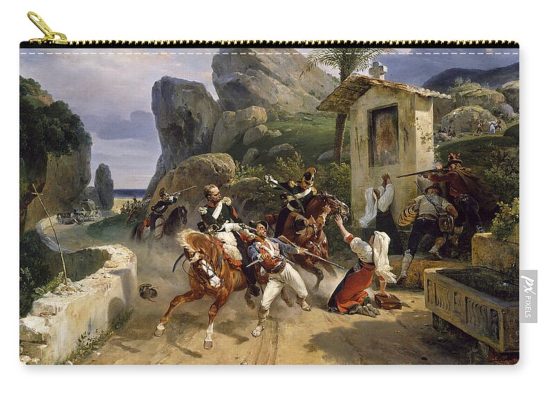 Horace Vernet Zip Pouch featuring the painting Italian Brigands Surprised by Papal Troops by Horace Vernet