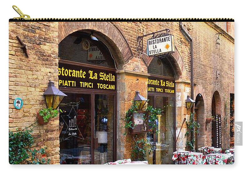 Tuscany Zip Pouch featuring the photograph Italian Ristorante in San Gimignano by Ramona Matei