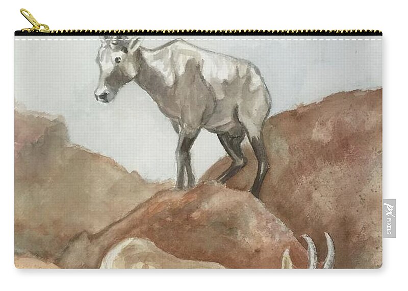 2 Mountain Ewes Heading Downhill. Browns Zip Pouch featuring the painting It's All Downhill by Charme Curtin