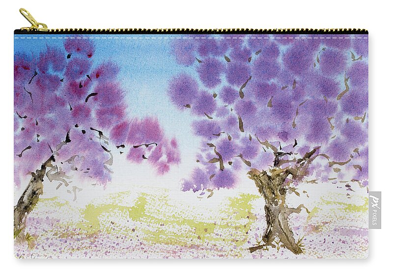 Argentina Zip Pouch featuring the painting Jacaranda trees blooming in Buenos Aires, Argentina by Dorothy Darden