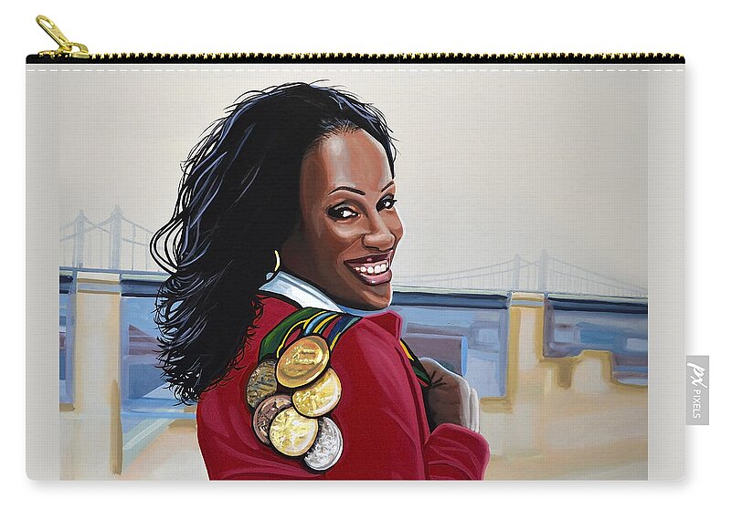 Jackie Joyner Kersee Zip Pouch featuring the painting Jackie Joyner Kersee by Paul Meijering