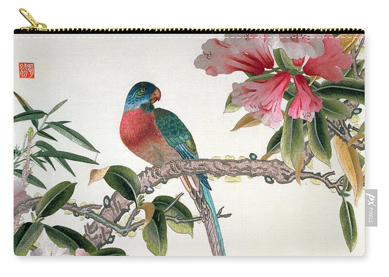 Bird; Flowering Tree; Botanical; Temple Flower; Embroidered Zip Pouch featuring the tapestry - textile Jay on a flowering branch by Chinese School