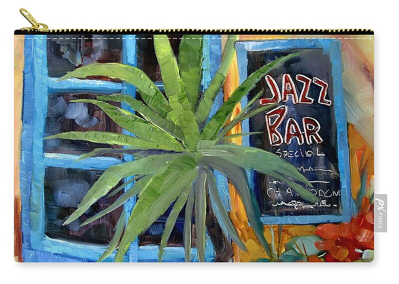 Jazz Zip Pouch featuring the painting Jazz Bar In Santorini by Adele Bower