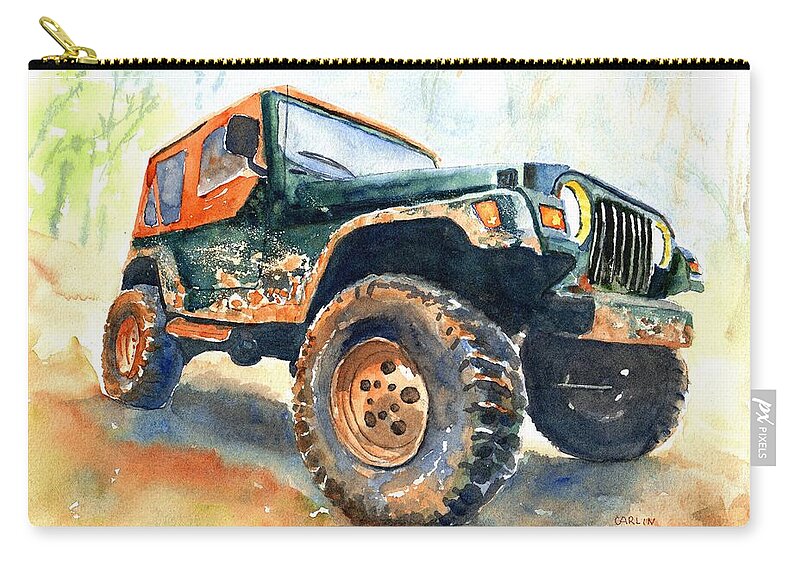 Jeep Zip Pouch featuring the painting Jeep Wrangler Watercolor by Carlin Blahnik CarlinArtWatercolor