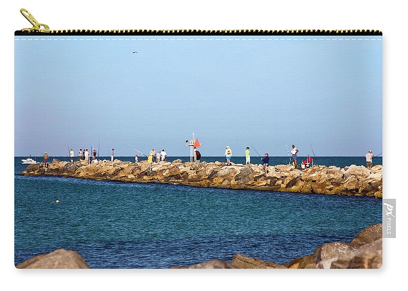 Many People Fishing Zip Pouch featuring the photograph Jetty Fishing by Sally Weigand