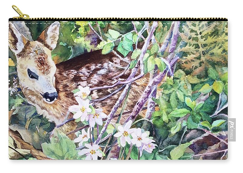 Watercolor Zip Pouch featuring the painting Fawn in The Garden by Francoise Chauray