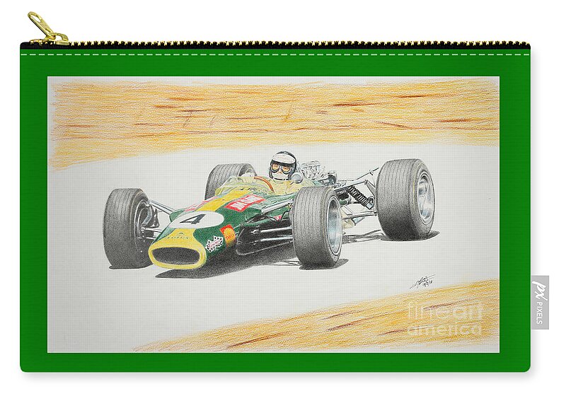 Lotus 49 Zip Pouch featuring the drawing Jim Clark last GP - Lotus 49 by Lorenzo Benetton