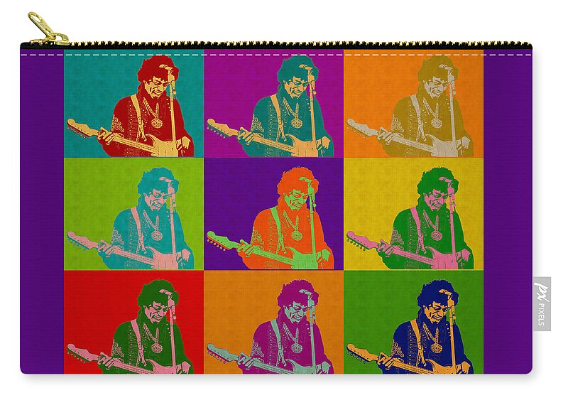Jimi Hendrix Zip Pouch featuring the digital art Jimi Hendrix in the style of Andy Warhol by Anthony Murphy