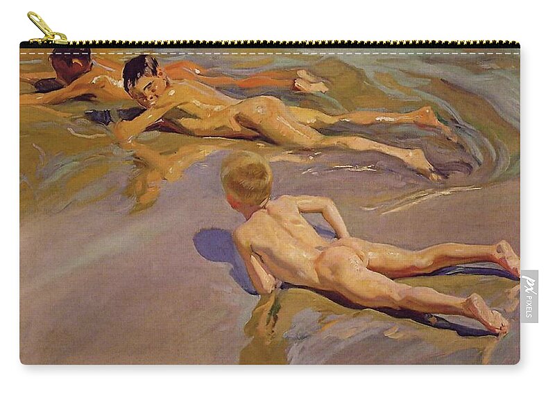 Children On The Beach Carry-all Pouch featuring the painting Children on the Beach by Joaquin Sorolla