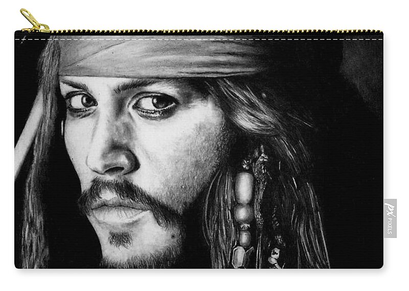 Johnny Depp Zip Pouch featuring the drawing Johnny Depp as Jack Sparrow by Rick Fortson