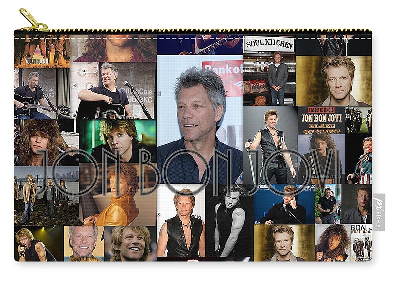 Jon Bon Jovi Zip Pouch featuring the mixed media Jon Bon Jovi Collage by April Cook