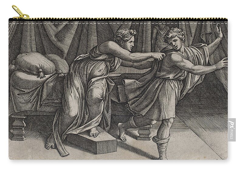Marcantonio Raimondi Zip Pouch featuring the drawing Joseph and Potiphar's Wife by Marcantonio Raimondi