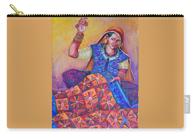 Tribal Woman Carry-all Pouch featuring the painting Joy of Quilting by Jyotika Shroff
