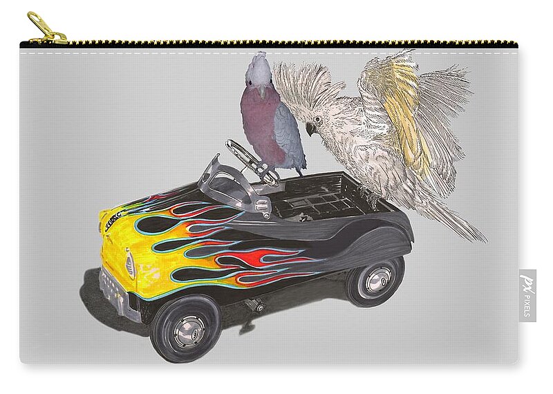 Tee Shirt Watercolor Art Of Julies Pet Parrots Playing In A Restored Vintage Peddle Car Zip Pouch featuring the painting Julies Kids by Jack Pumphrey