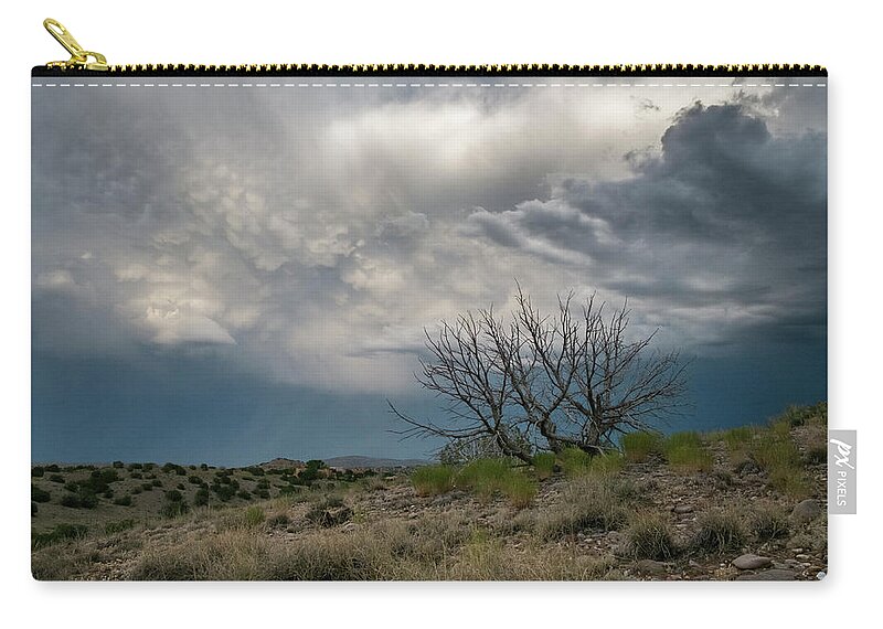 Landscapes Zip Pouch featuring the photograph Juniper Skeleton and Storm Clouds by Mary Lee Dereske